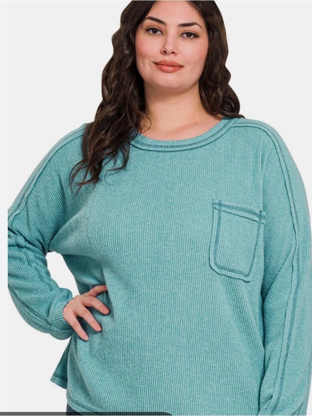 Zenana Outfitters Teal Ribbed Exposed Seam Crewneck Sweater with Pocket in Plus